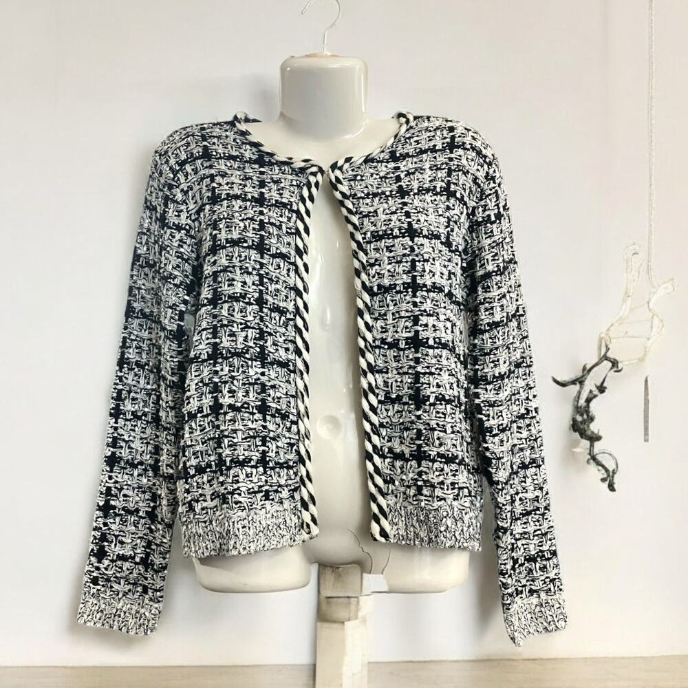 Sioni Women's White/Blk Marled Tweed Knit Cardigan Sweater Hook/Eye Closure SZ S